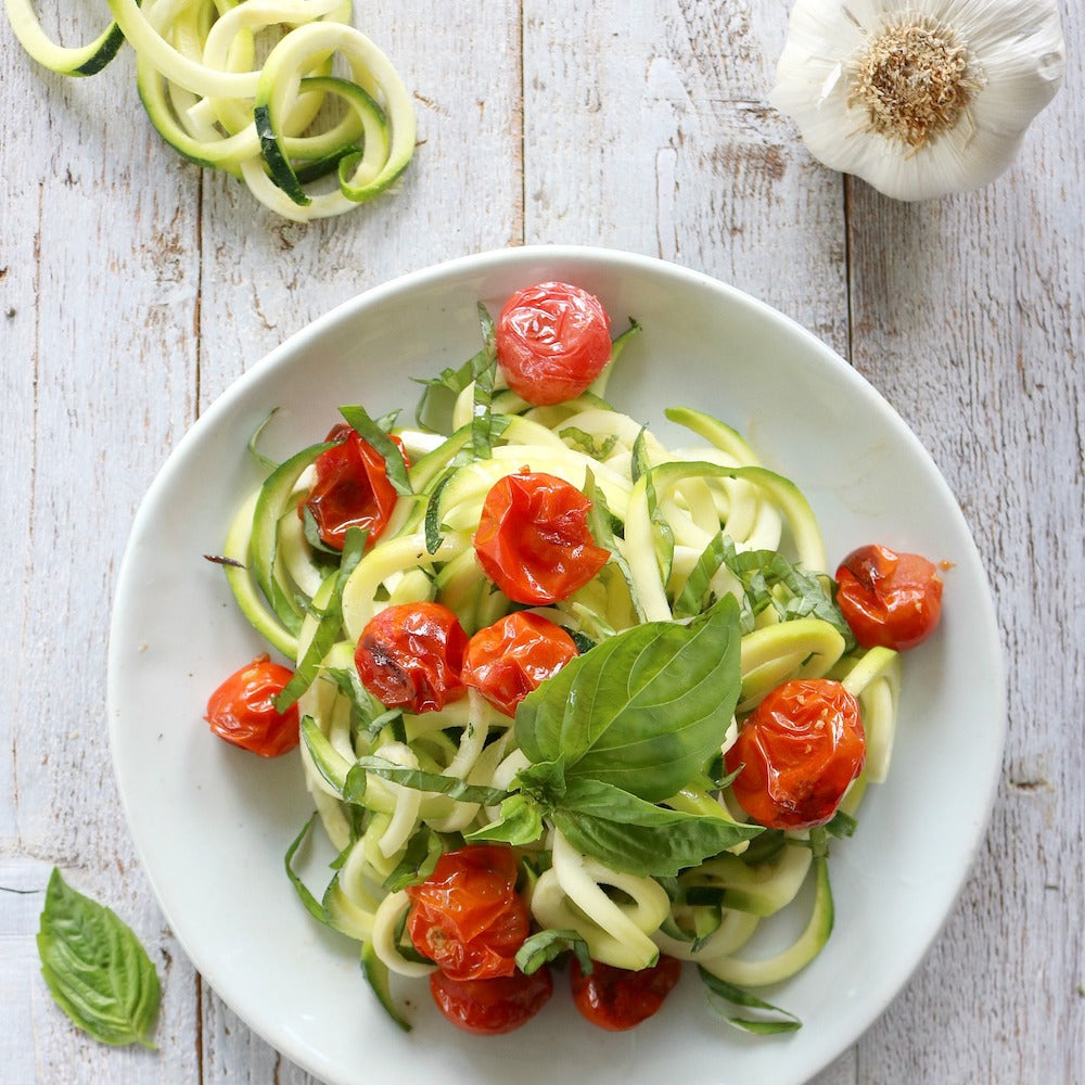 Spiralized Zucchini Noodles with Oven Blistered Cherry Tomato